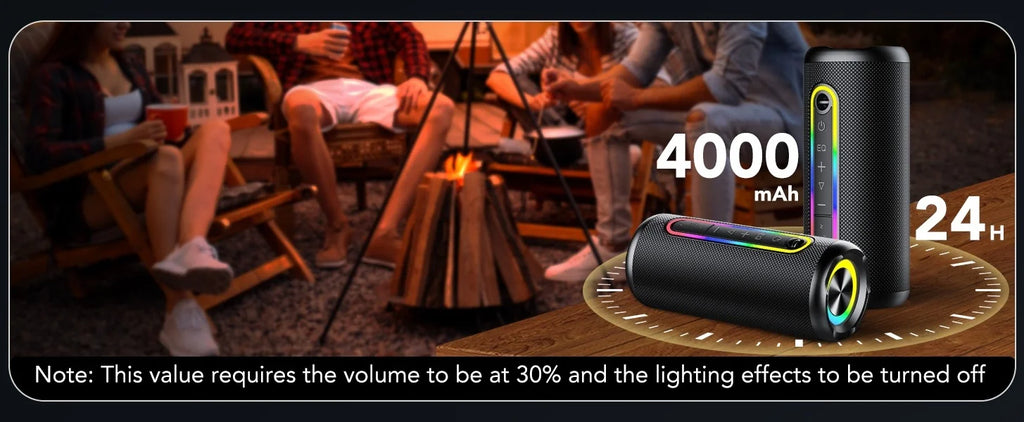 Two black, cylindrical portable Bluetooth speakers featuring vibrant LED light strips, set against a cosy camping scene.
