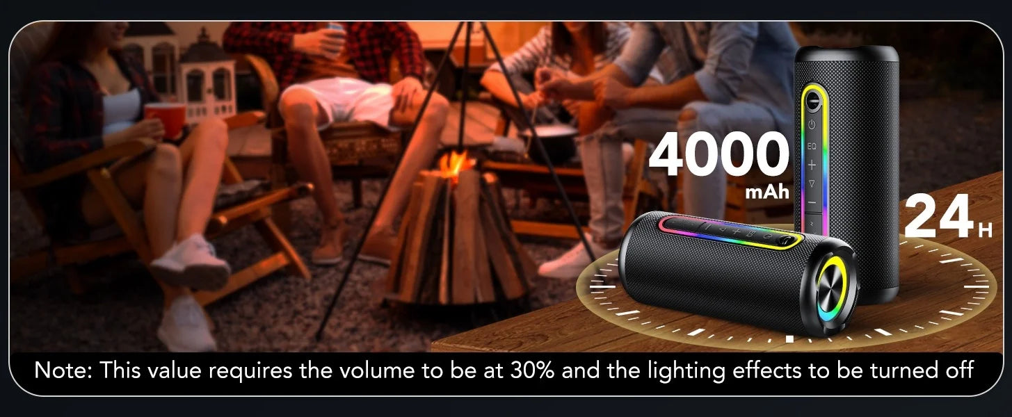 Two black, cylindrical portable Bluetooth speakers featuring vibrant LED light strips, set against a cosy camping scene.