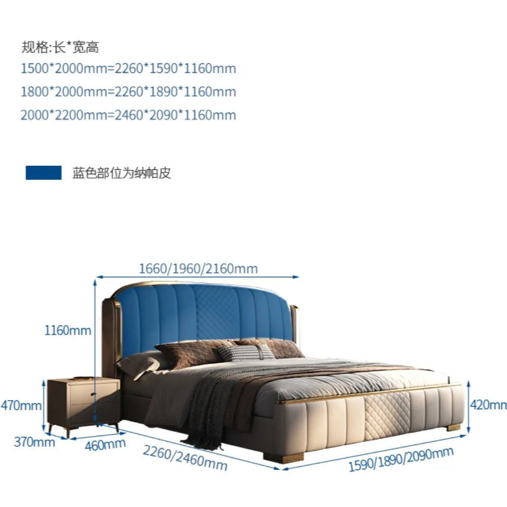 Minimalist bed frame with a blue upholstered headboard, cream base, and gold accents. Includes a matching bedside table.