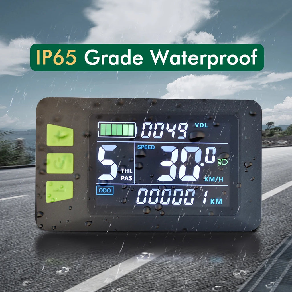 Black waterproof e-bike LCD display with three green control buttons and a digital screen showing speed and battery.