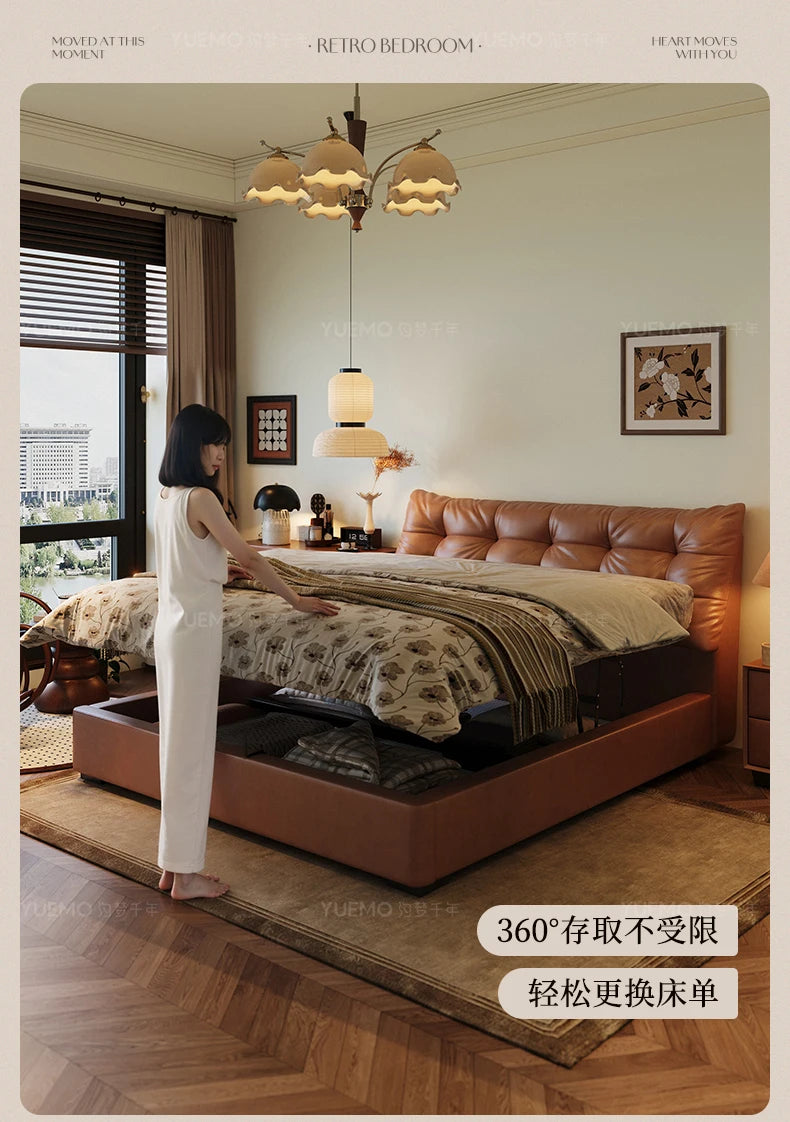 Modern Nordic double bed in tan leather with a tufted headboard and lift-up storage base in a warm bedroom setting.