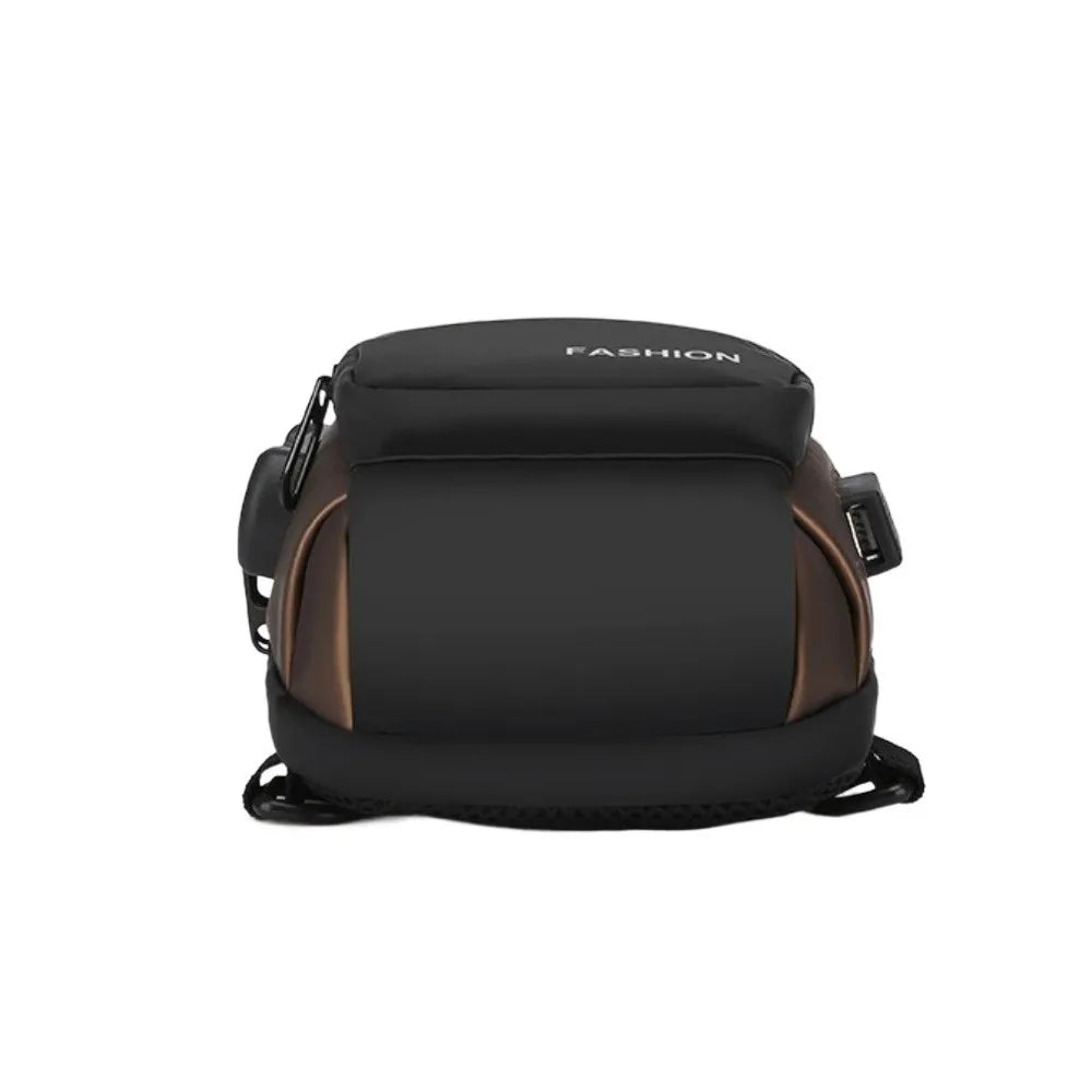 Black and bronze men's crossbody chest bag with integrated USB charging port.