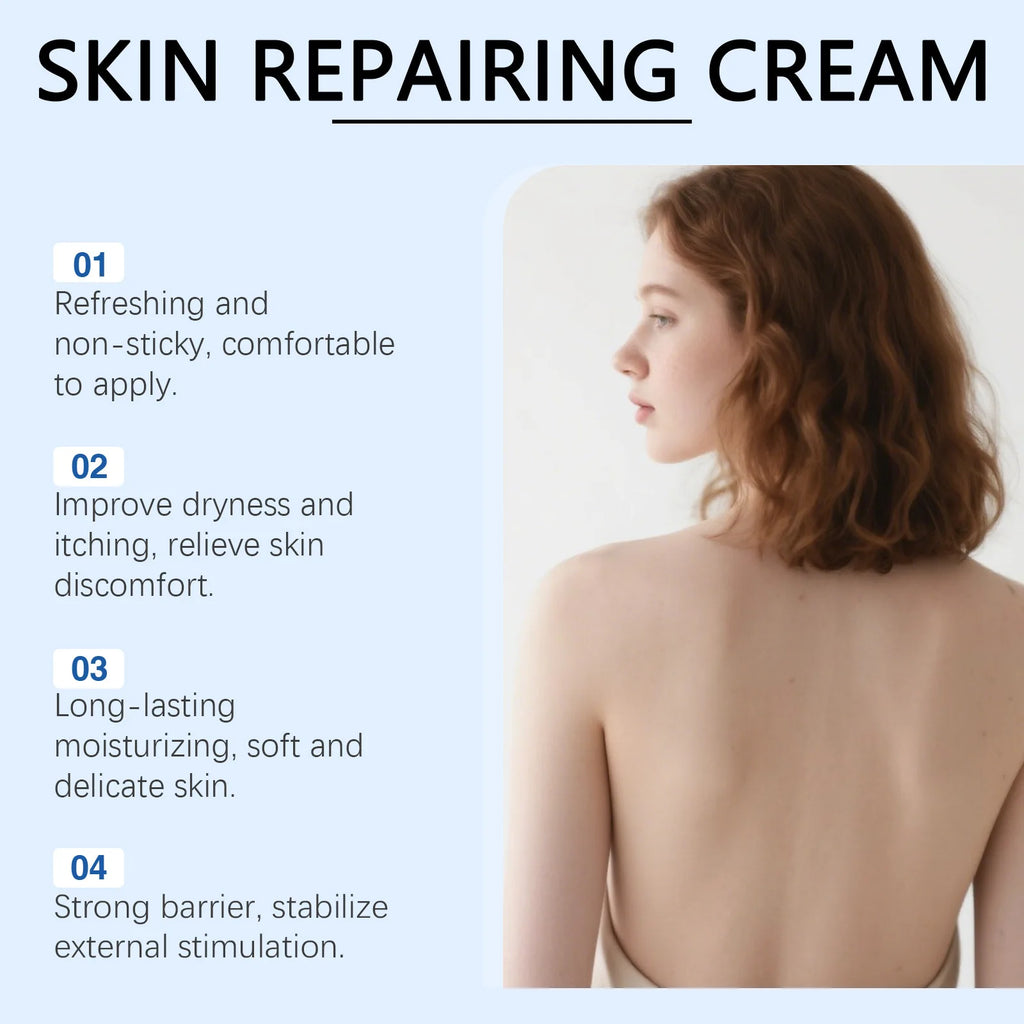 Skin repairing cream for dry, itchy skin. Non-sticky formula provides long-lasting moisture and strengthens skin barrier.