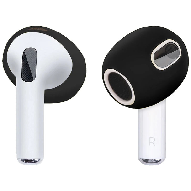 Black silicone earbud covers for AirPods, designed to provide a secure, comfortable fit.