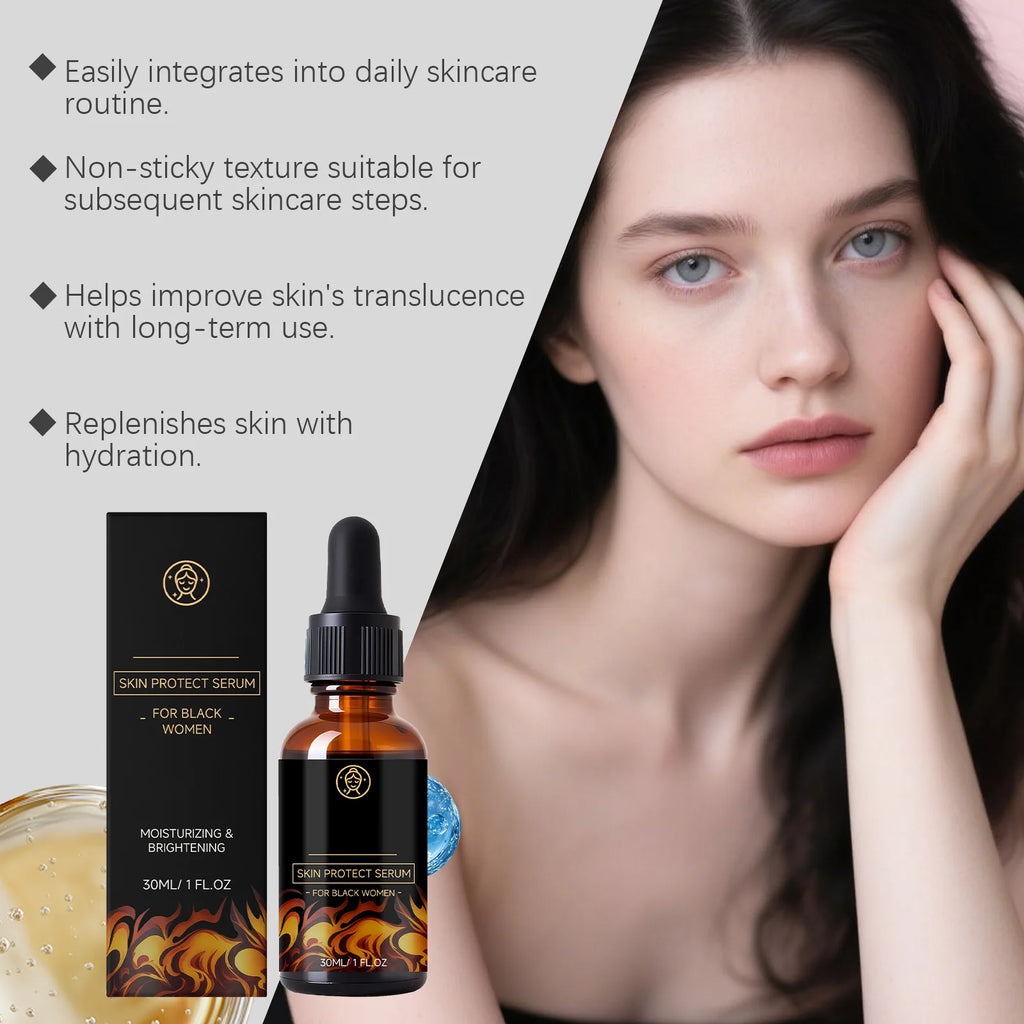 30ml amber glass dropper bottle of skin protect serum for brightening and hydration with a woman posing next to it.