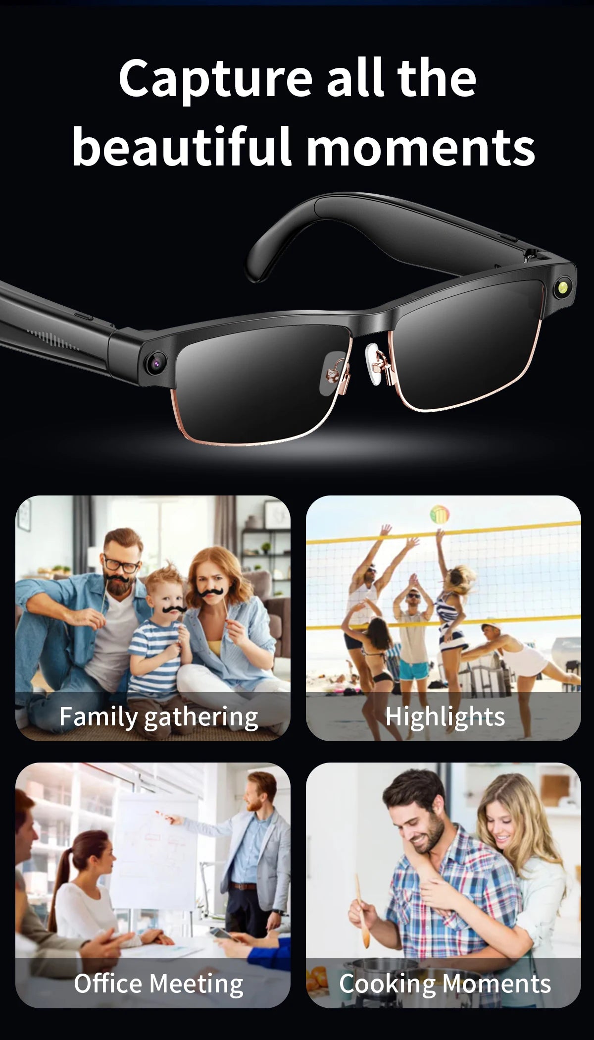 Sleek black smart glasses with a camera, integrated microphone, and metal rim detail, shown for daily activities.