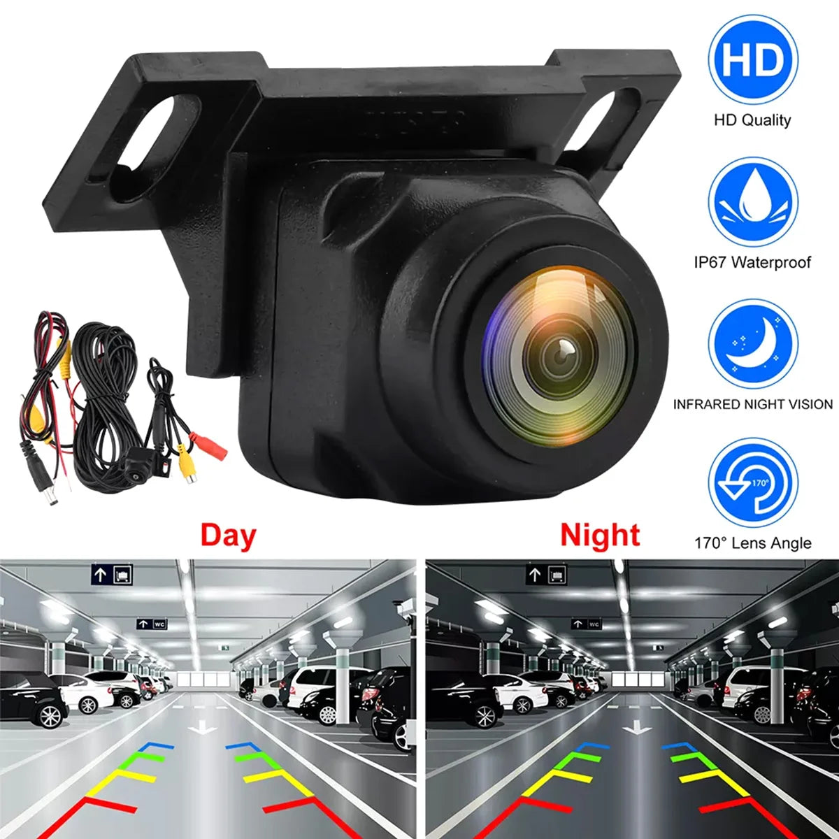 Black 1080P HD reversing camera with wide-angle lens, waterproof housing, infrared night vision and cabling.