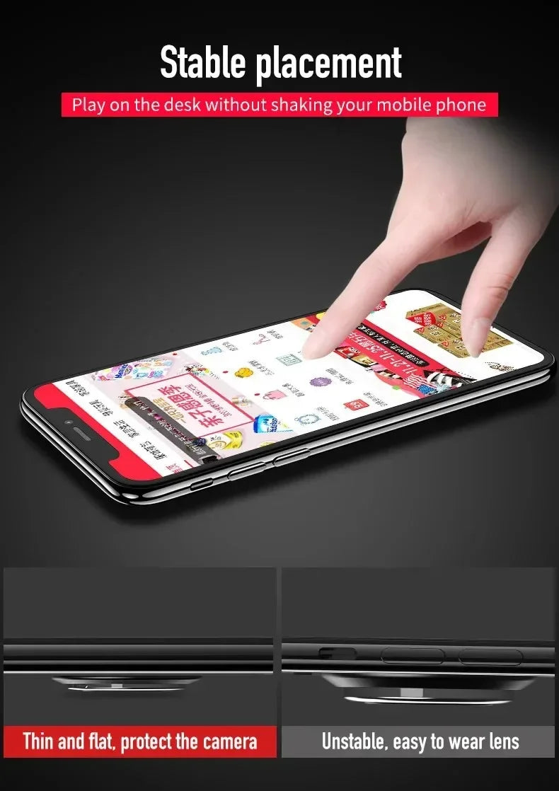 Black, thin smartphone camera lens protector for flat, stable placement on a desk.