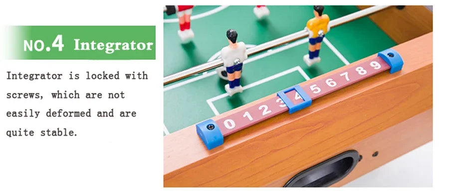 Tabletop foosball game with a screw-fixed, durable pink sliding number score tracker on a wood-grain frame.