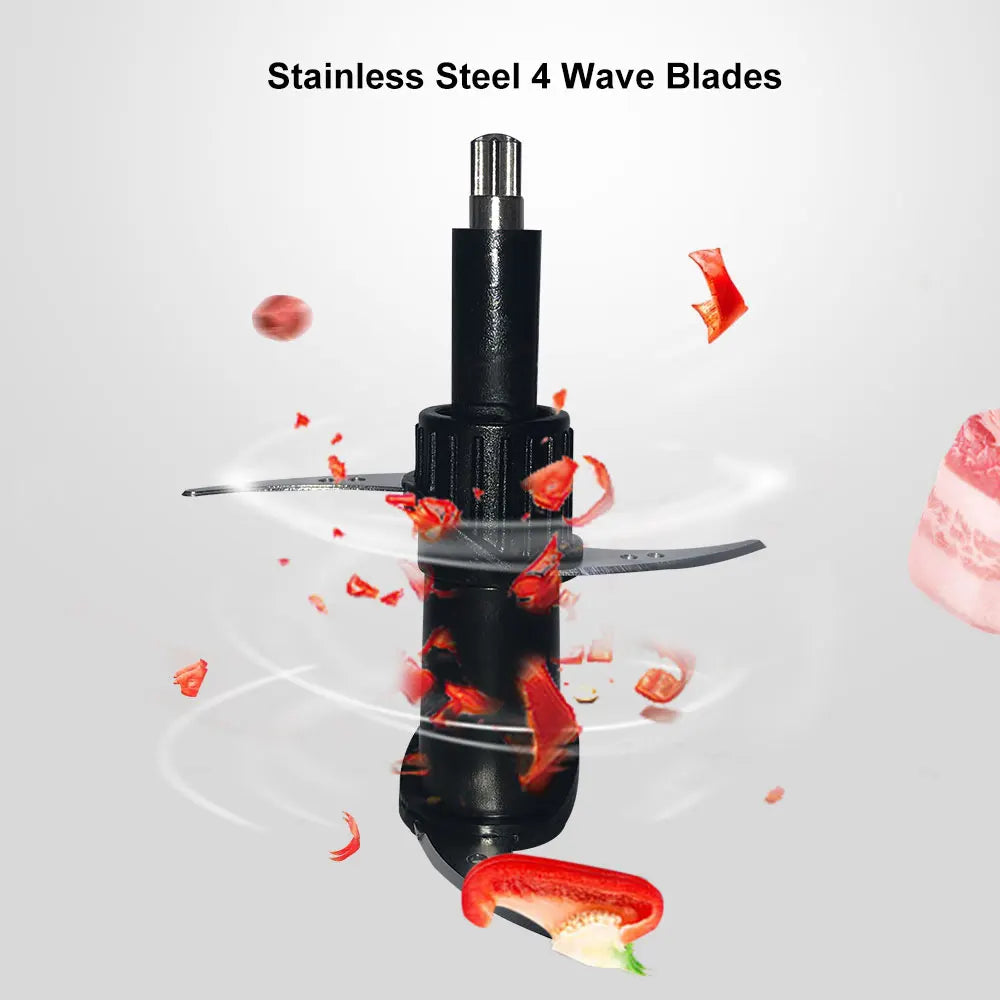 Stainless steel 4-wave blender blade assembly with black plastic central shaft, shown chopping red peppers and meat.