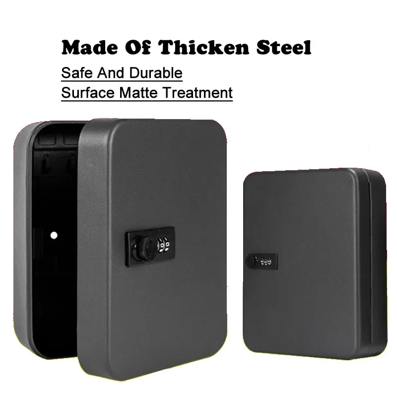 Two matte grey steel key cabinets with combination locks, one shown open and one closed.