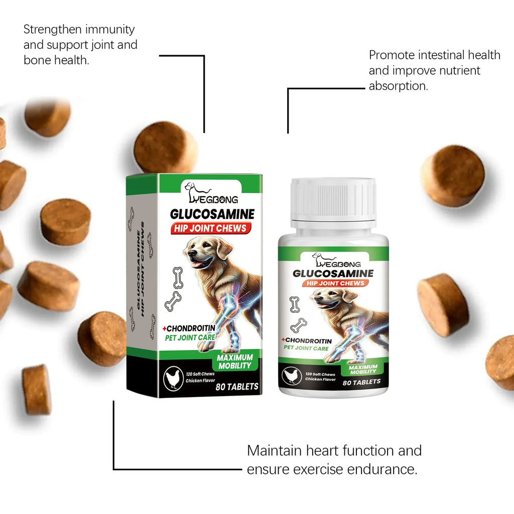 Bottle and box of chicken-flavored glucosamine hip and joint chew tablets for dogs, with scattered brown supplements.