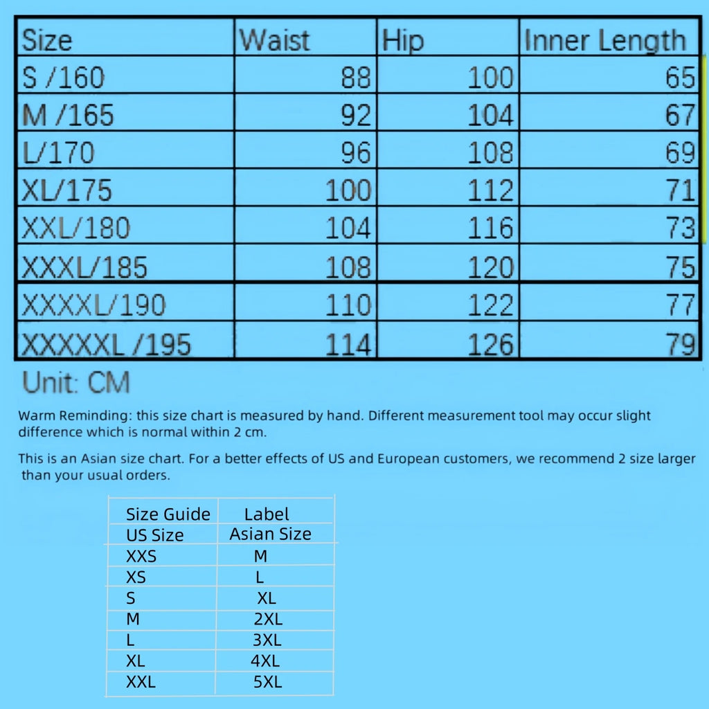 Size chart for heavy-duty mechanic workshop coveralls, detailing waist, hip, and inner leg measurements in centimetres.