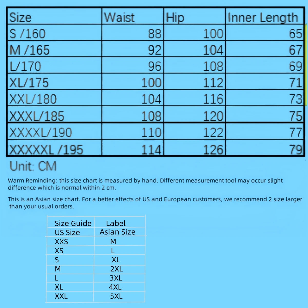 Size chart for heavy-duty mechanic workshop coveralls, detailing waist, hip, and inner leg measurements in centimetres.