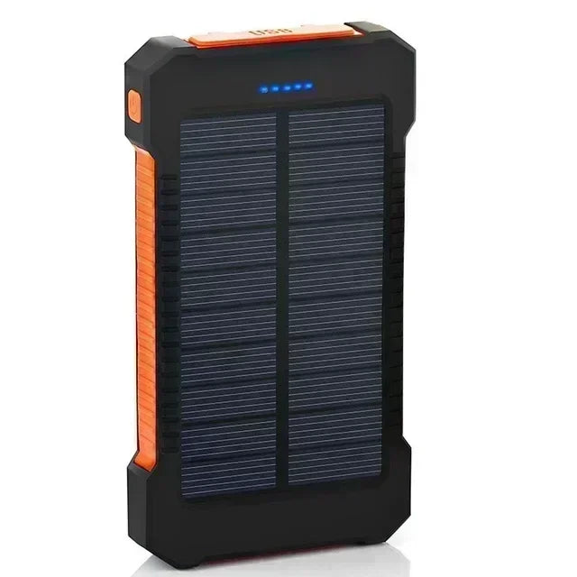 Rugged black and orange portable solar power bank with built-in solar panel and blue LED battery indicator lights.