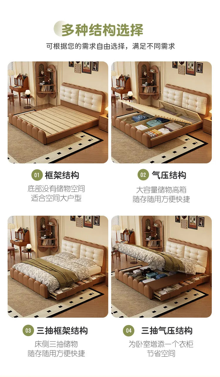 Modern tan platform bed with a tufted cream headboard, shown with various integrated storage lift and drawer options.