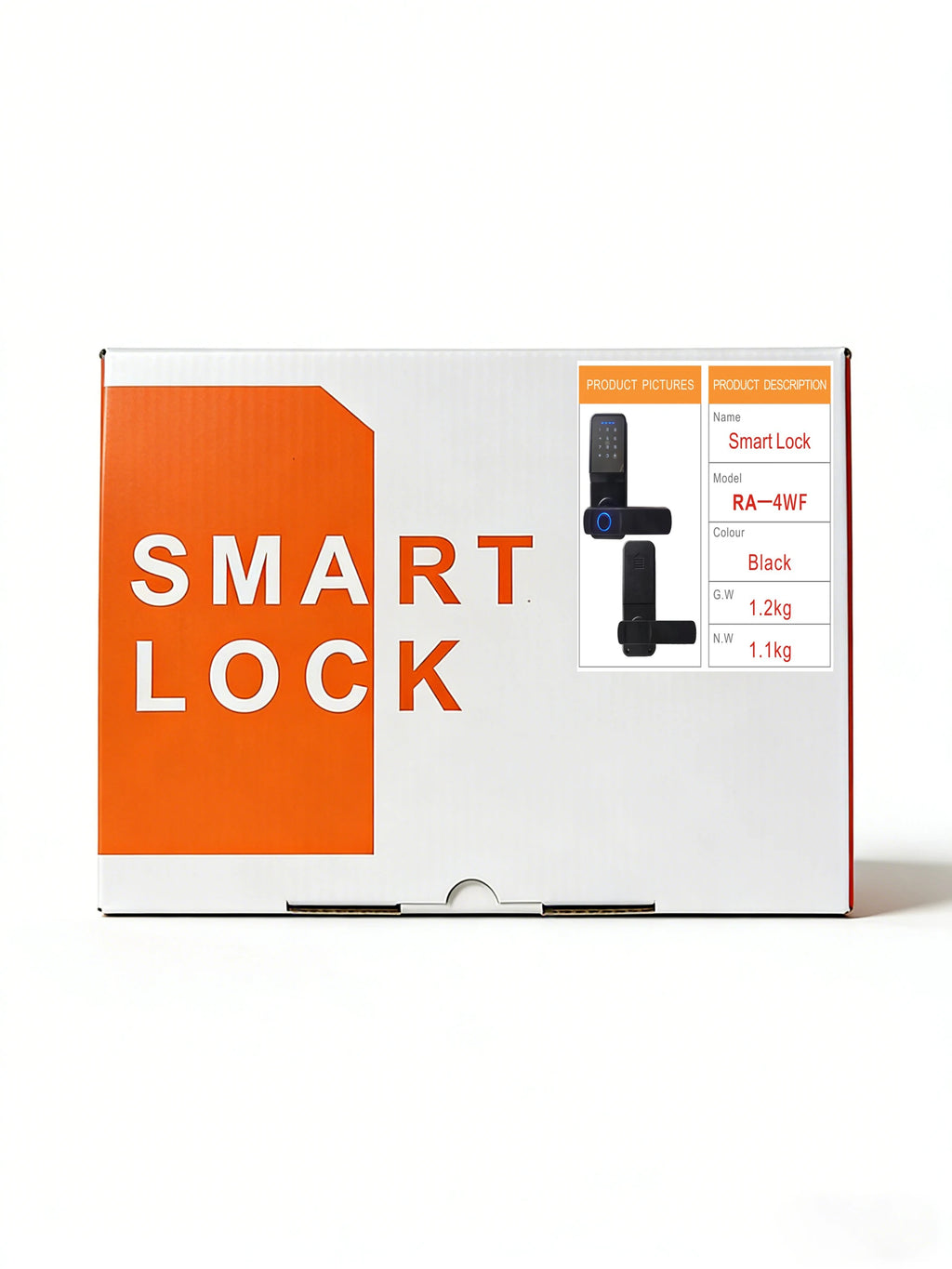 White cardboard box with orange branding containing a black digital keypad smart lock with fingerprint scanner.