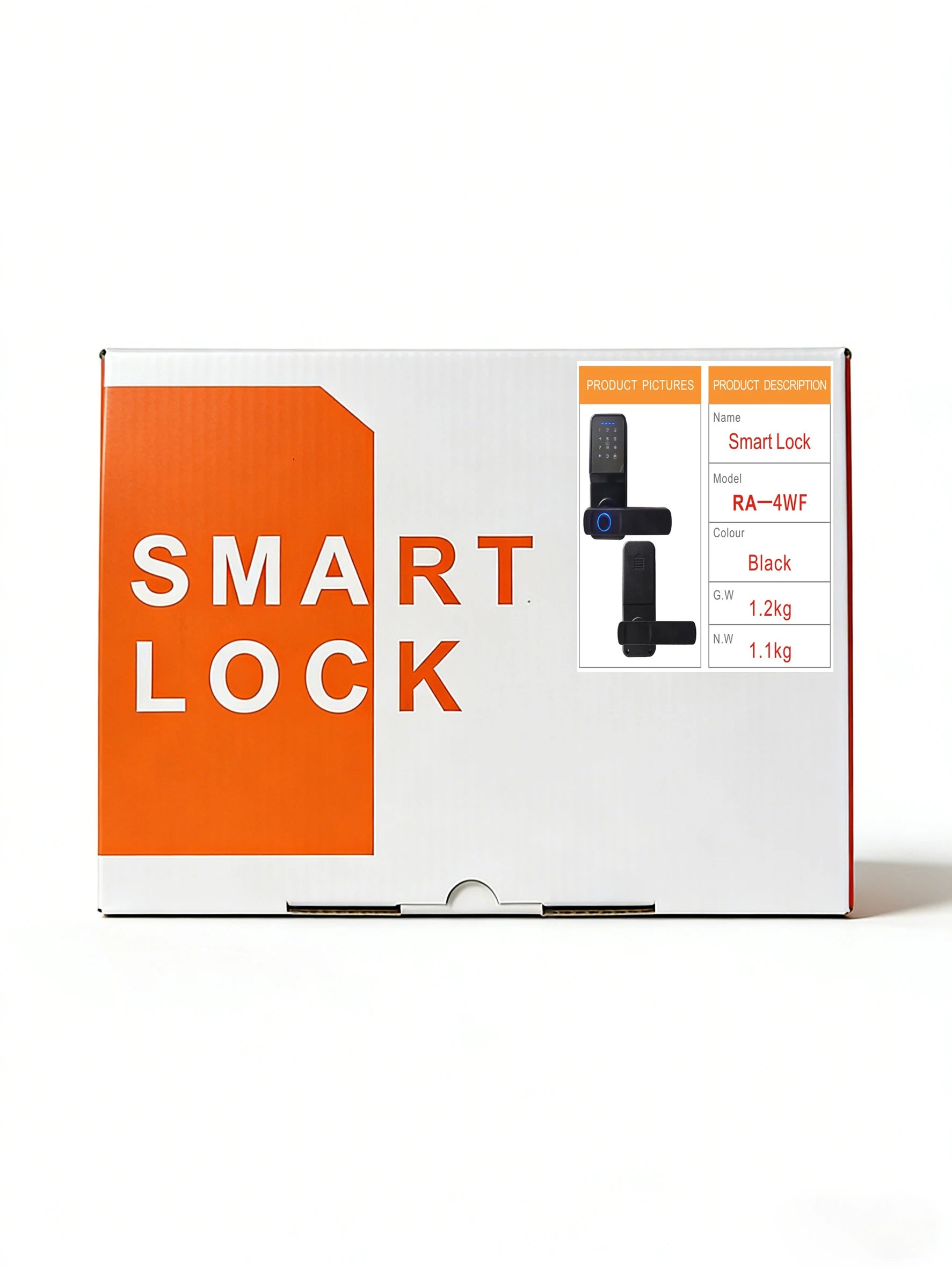 White cardboard box with orange branding containing a black digital keypad smart lock with fingerprint scanner.