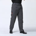Black and grey pinstripe chef cargo trousers with a side pocket and pleated waistband.