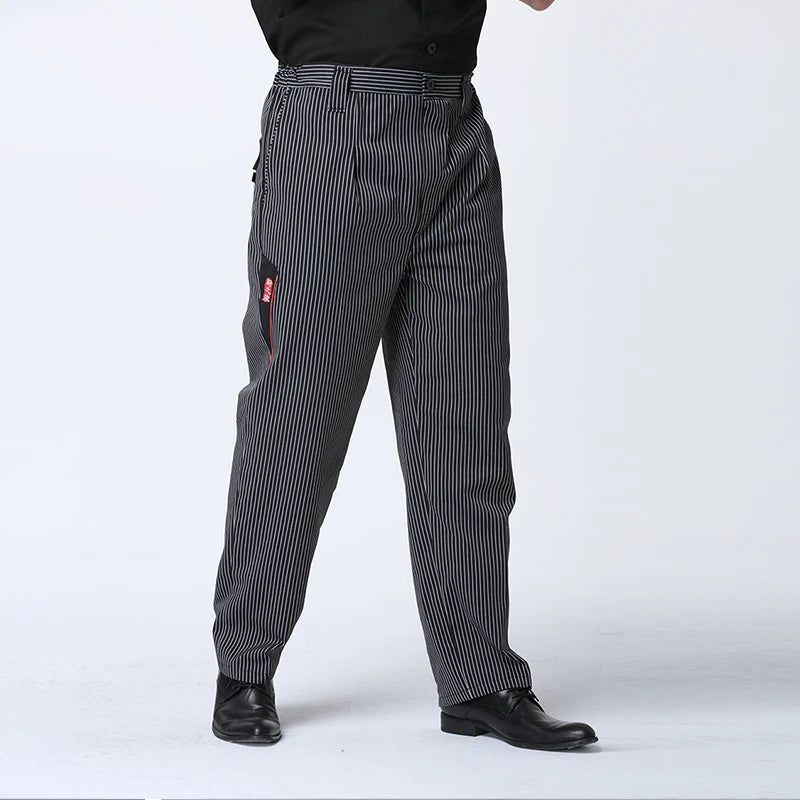 Black and grey pinstripe chef cargo trousers with a side pocket and pleated waistband.