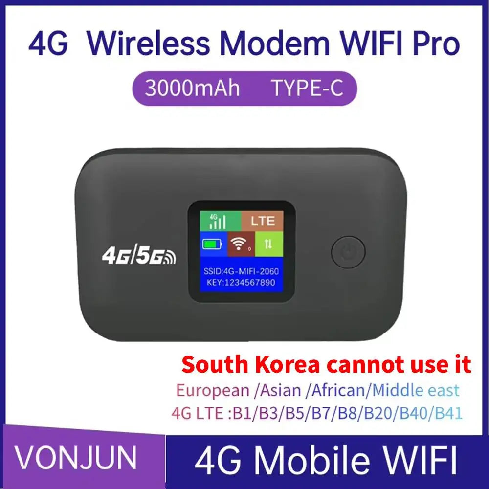 Compact black 4G LTE mobile Wi-Fi router with a built-in status screen, USB Type-C port, and 3000mAh battery.