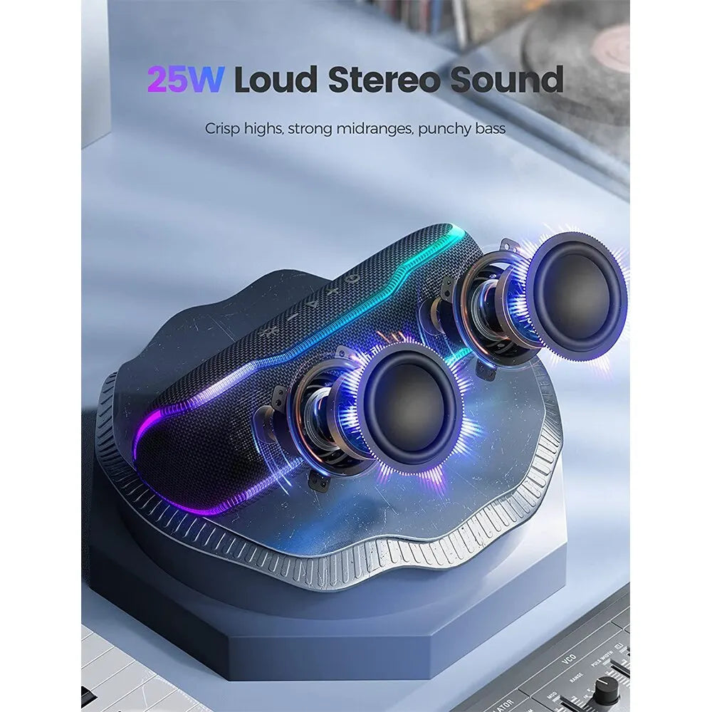 Black portable Bluetooth speaker with vibrant LED lights, highlighting its internal dual-driver sound system.
