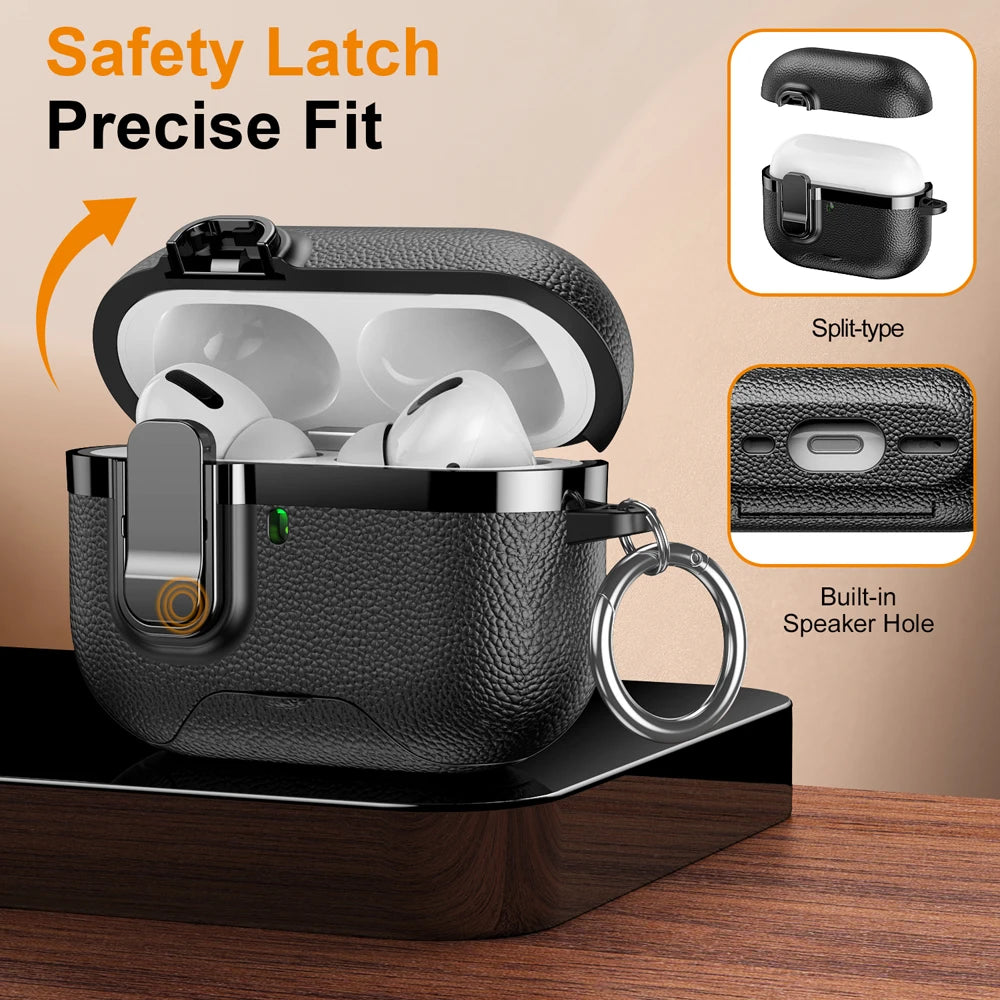 Black textured leather-look AirPods Pro case with safety latch, split design, and key ring.