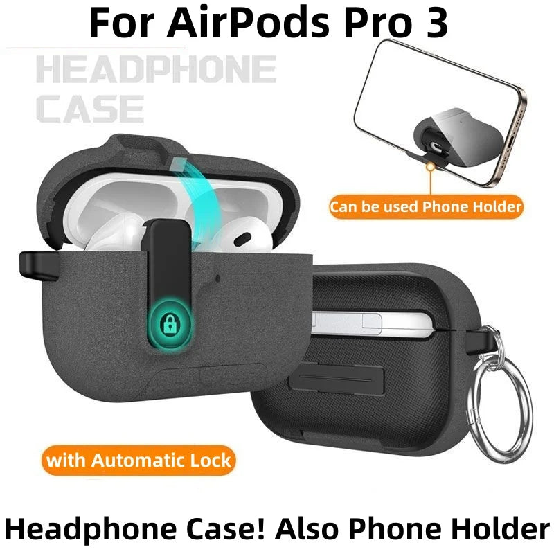 Dark grey shockproof protective case for AirPods Pro 3 with automatic secure lock and integrated phone holder stand.