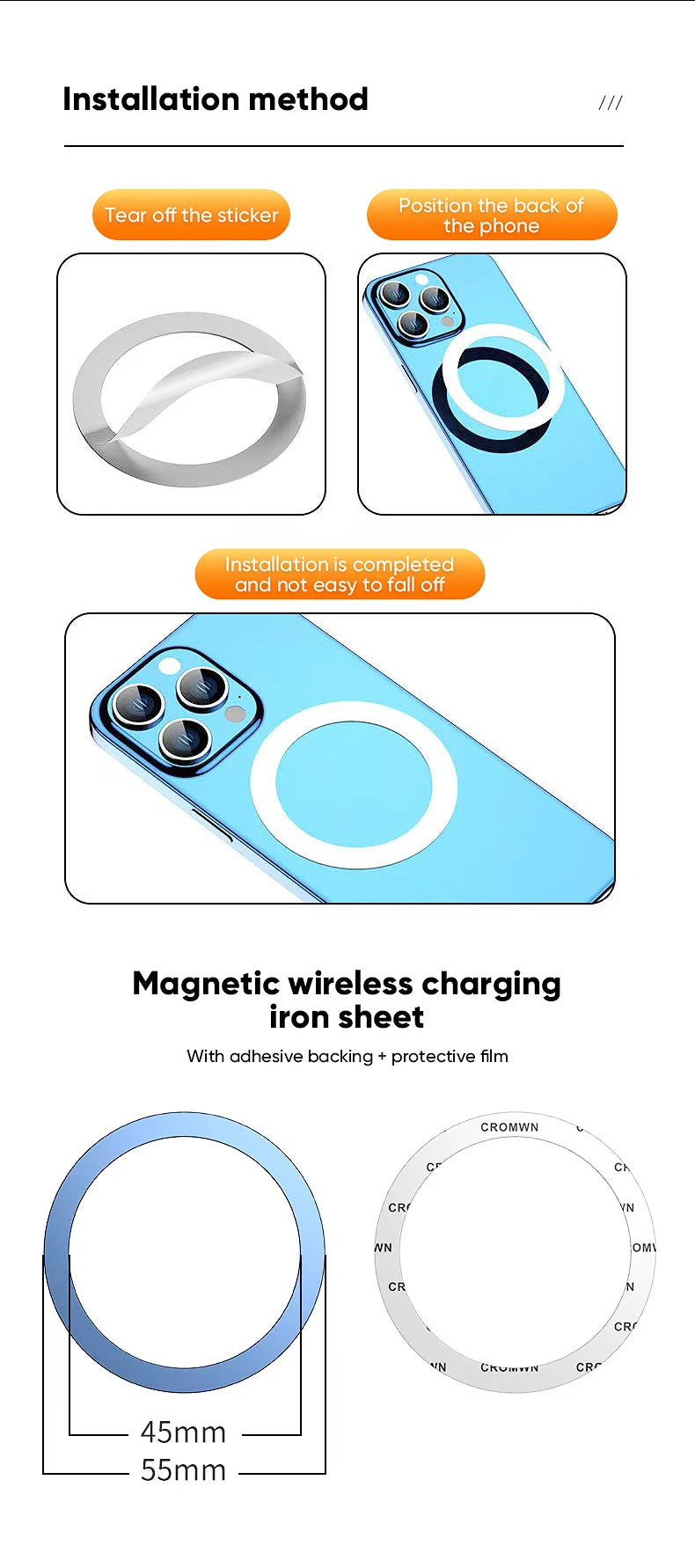 White magnetic wireless charging ring with adhesive backing, shown being applied to the back of a blue smartphone.