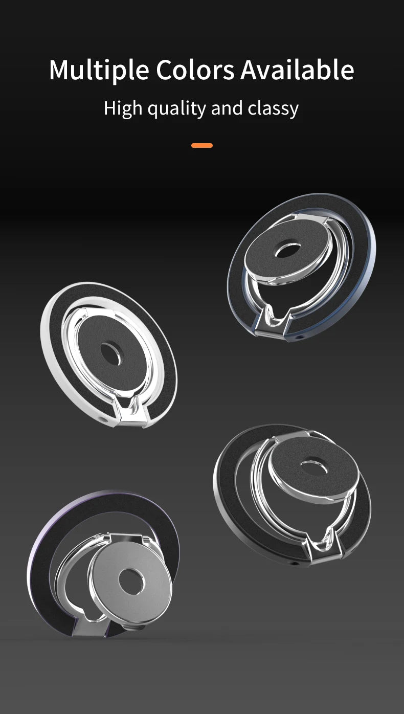 Circular phone ring holders in silver, black, and metallic finishes with a sleek, modern design.
