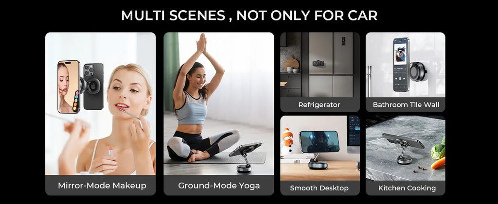 Small, versatile magnetic smartphone mount in metallic silver and black, shown used on various surfaces and settings.