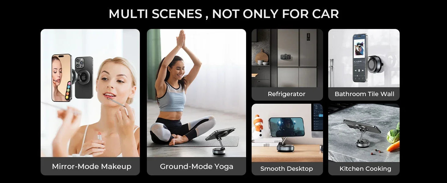 Small, versatile magnetic smartphone mount in metallic silver and black, shown used on various surfaces and settings.