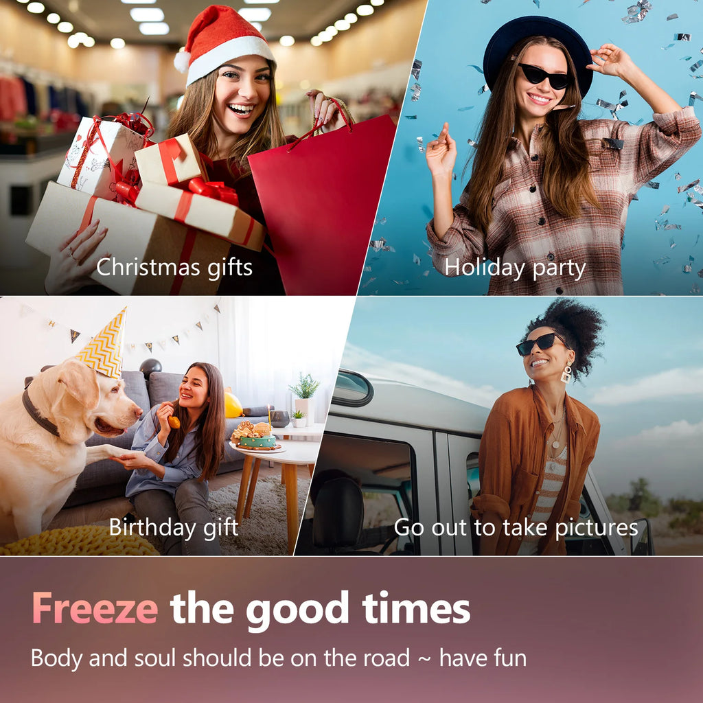 Four-panel collage showing women in casual clothes, a Santa hat, and sunglasses celebrating various social occasions.