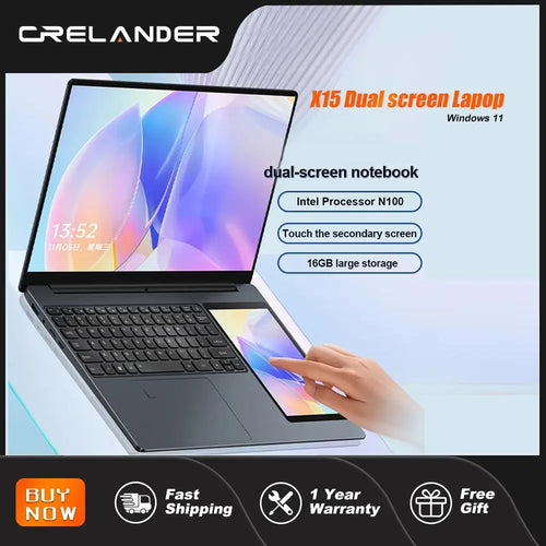 Sleek grey 15.6-inch laptop with a 7-inch secondary touch display, featuring a slim, modern design.