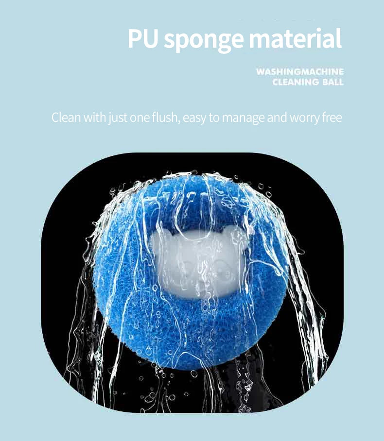 Blue PU sponge washing machine laundry ball with a cute white bear face in the centre, shown with flowing water.