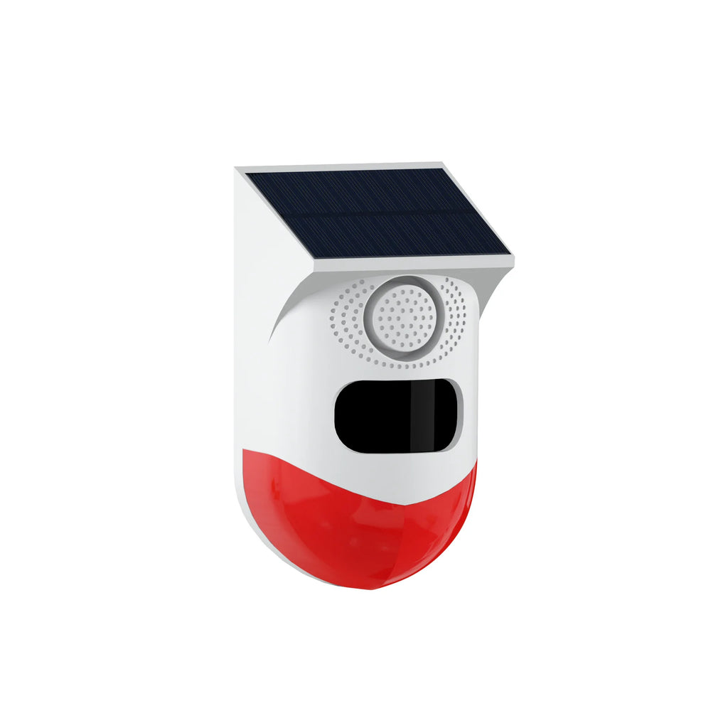 White, wireless solar-powered security alarm with a motion sensor and a red flashing light base.