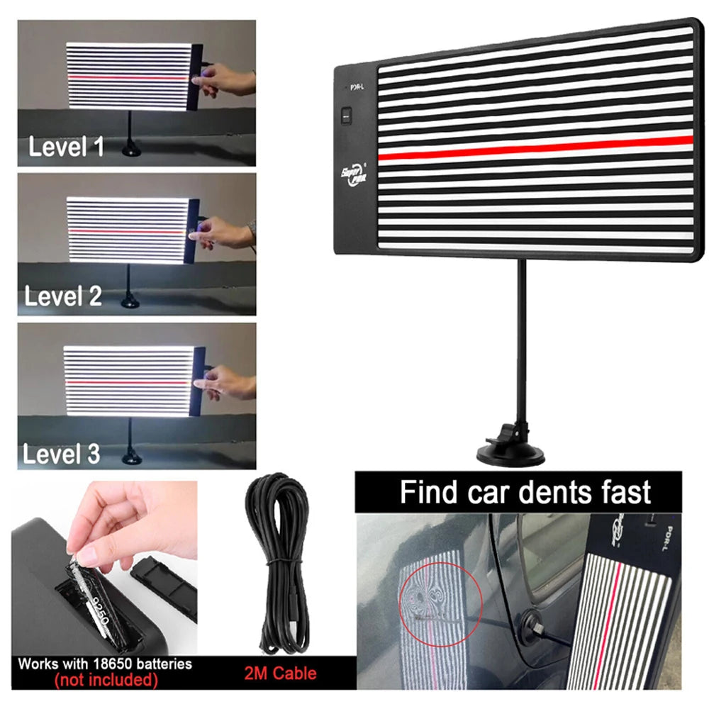 Black PDR dent repair LED light board on a suction mount with black striped pattern and 2m cable.