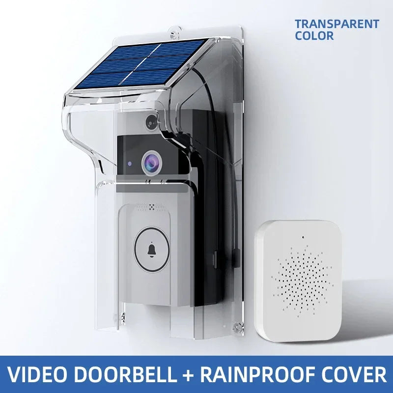 Wireless video doorbell in a clear rainproof cover with a solar panel, paired with a white indoor chime unit.