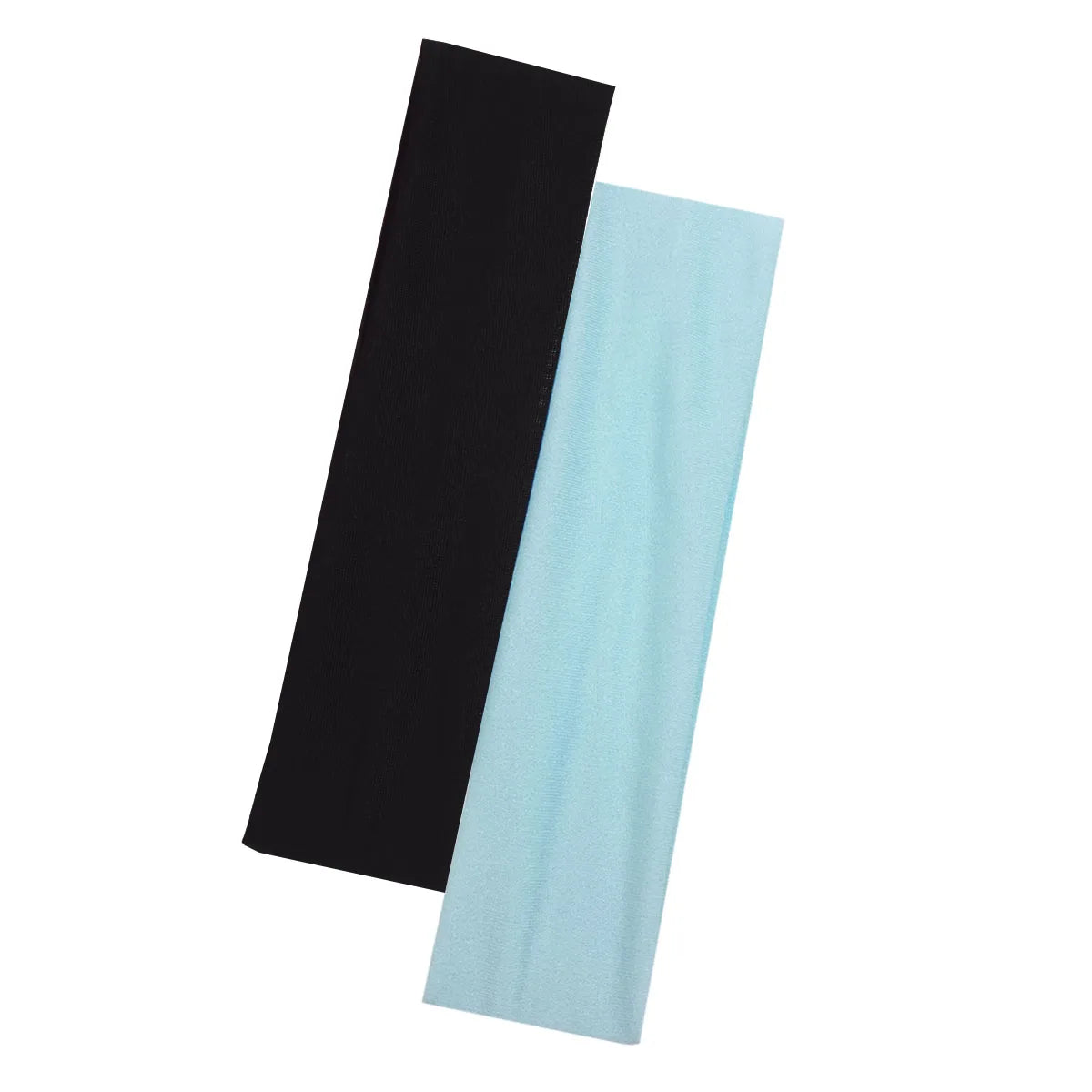 A pair of plain elasticated headbands, one in black and one in light blue.