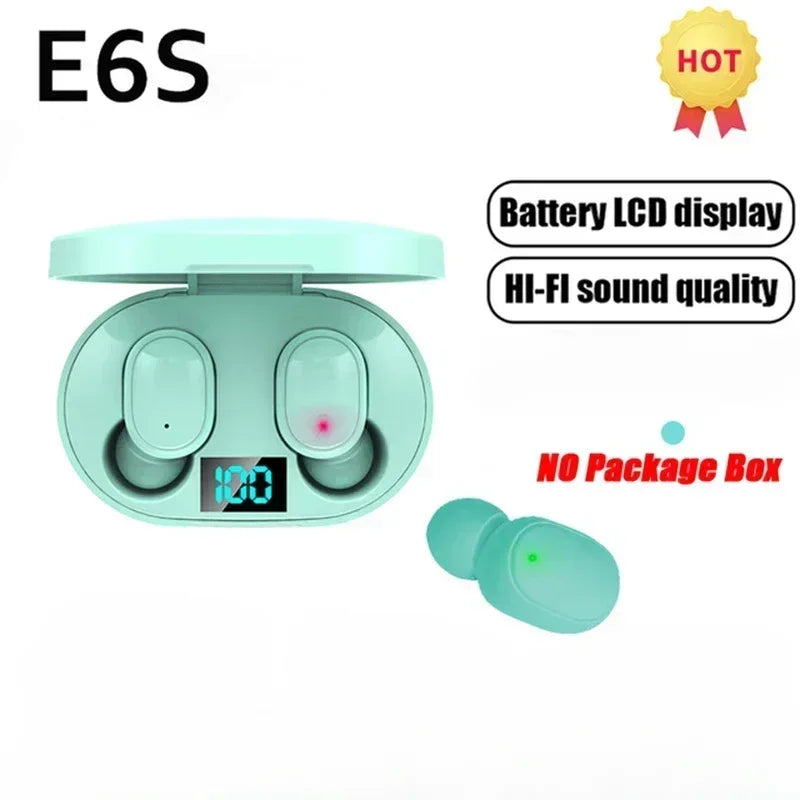 Light mint green wireless earbuds in a matching charging case with a digital battery display.