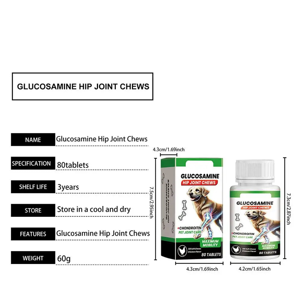 Bottle and box of 80 chicken-flavoured glucosamine hip and joint chewable tablets for dogs, with product dimensions.
