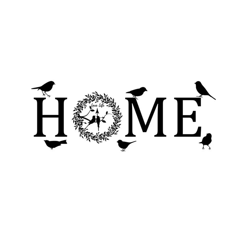 Black self-adhesive wall sticker featuring the word 'HOME' with a leaf wreath and bird silhouettes.