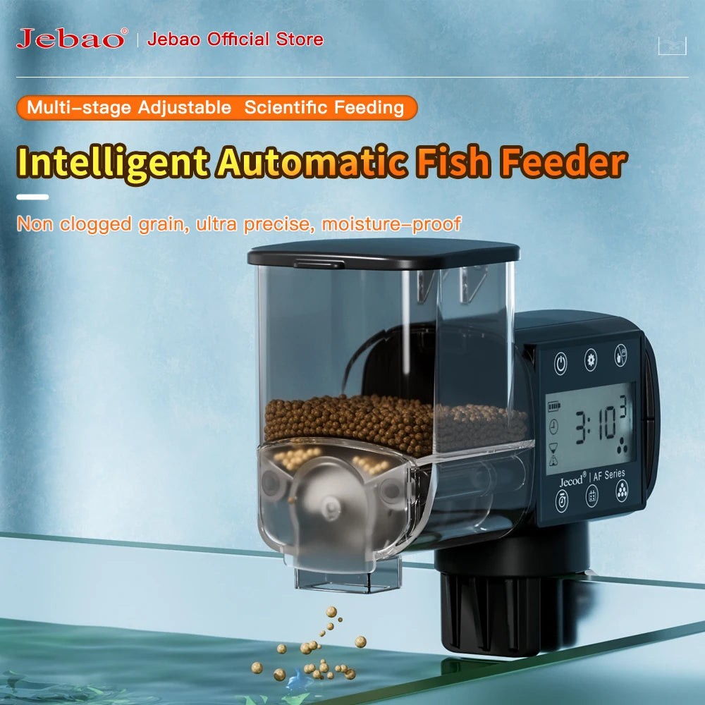 Black automatic fish feeder with a clear food hopper, digital display, and buttons, mounted on an aquarium rim.