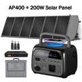 AP400 and 200W solar panel bundle: foldable solar panel, portable power station with display, ports, and wireless charger.