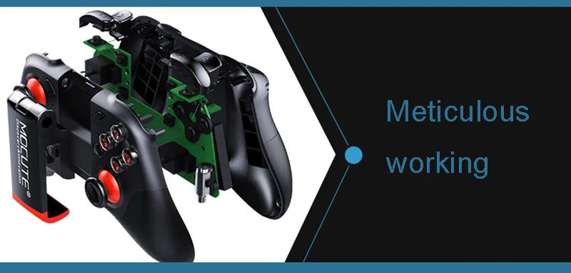 Disassembled black gaming controller with green internal circuit board, red accents, and buttons on a dark background.