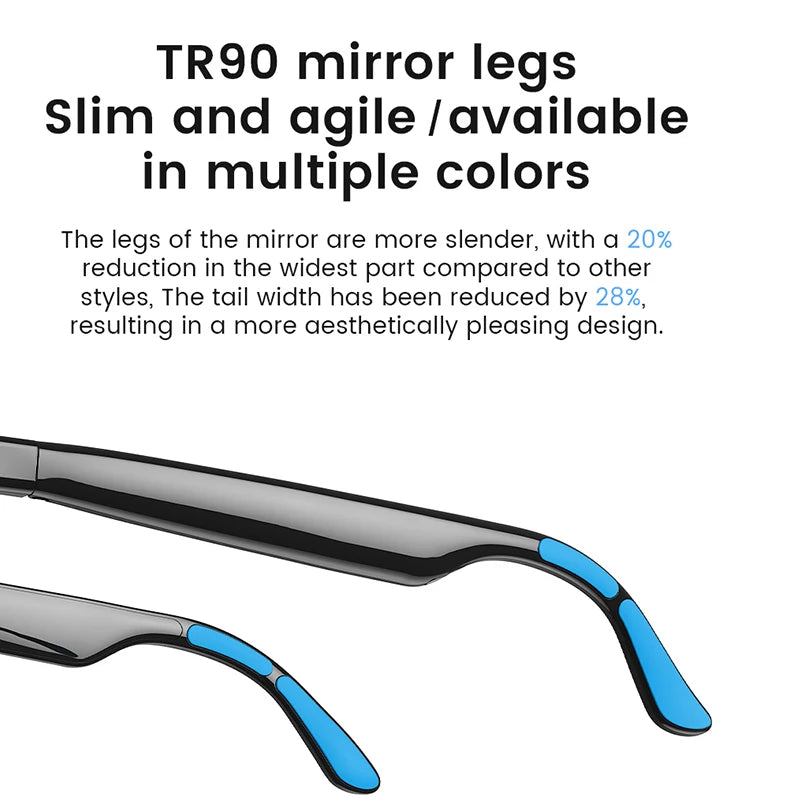 Close-up of slim, black smart audio glasses with flexible, bright blue tipped arms for a sleek, comfortable fit.