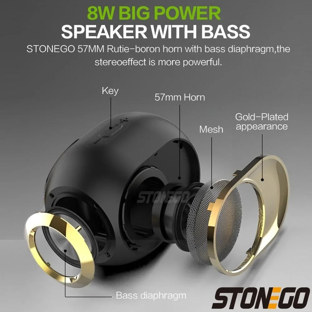 Exploded view of a black portable Bluetooth speaker with gold-plated accents, visible bass diaphragm and mesh speaker.