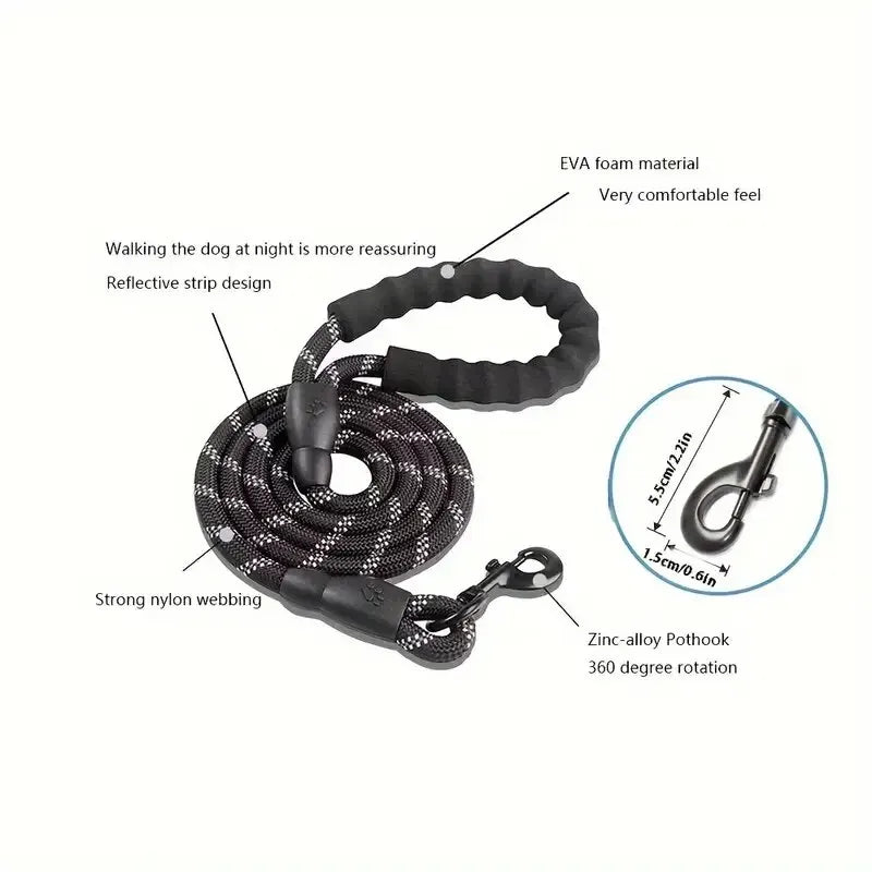 Black reflective rope dog leash with a padded foam handle and a 360-degree rotating metal clip.