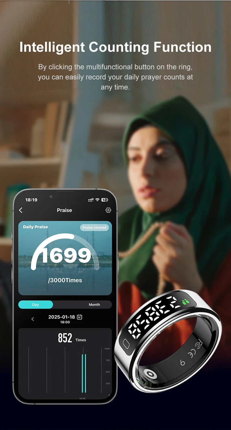 Sleek silver smart ring with a digital LED display shown next to a smartphone app tracking daily prayer counts.