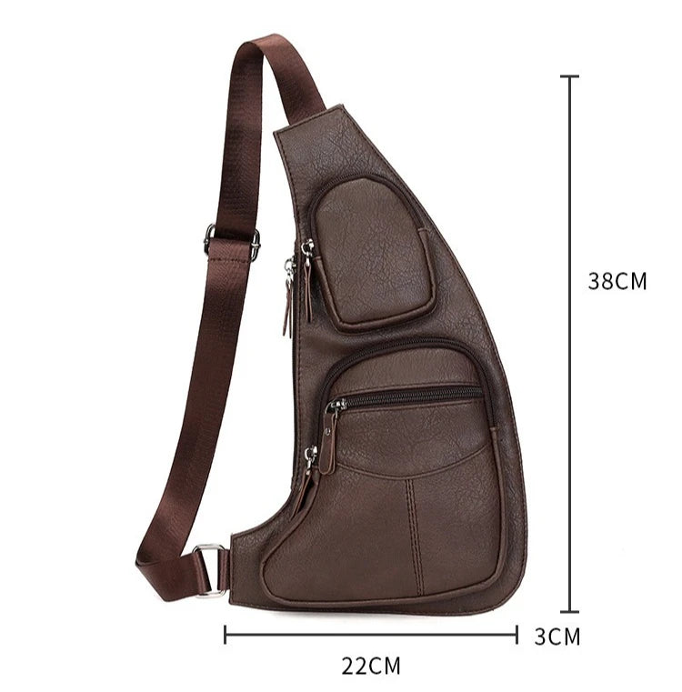Dark brown, teardrop-shaped faux leather crossbody sling bag with adjustable strap and two zipped front pockets.
